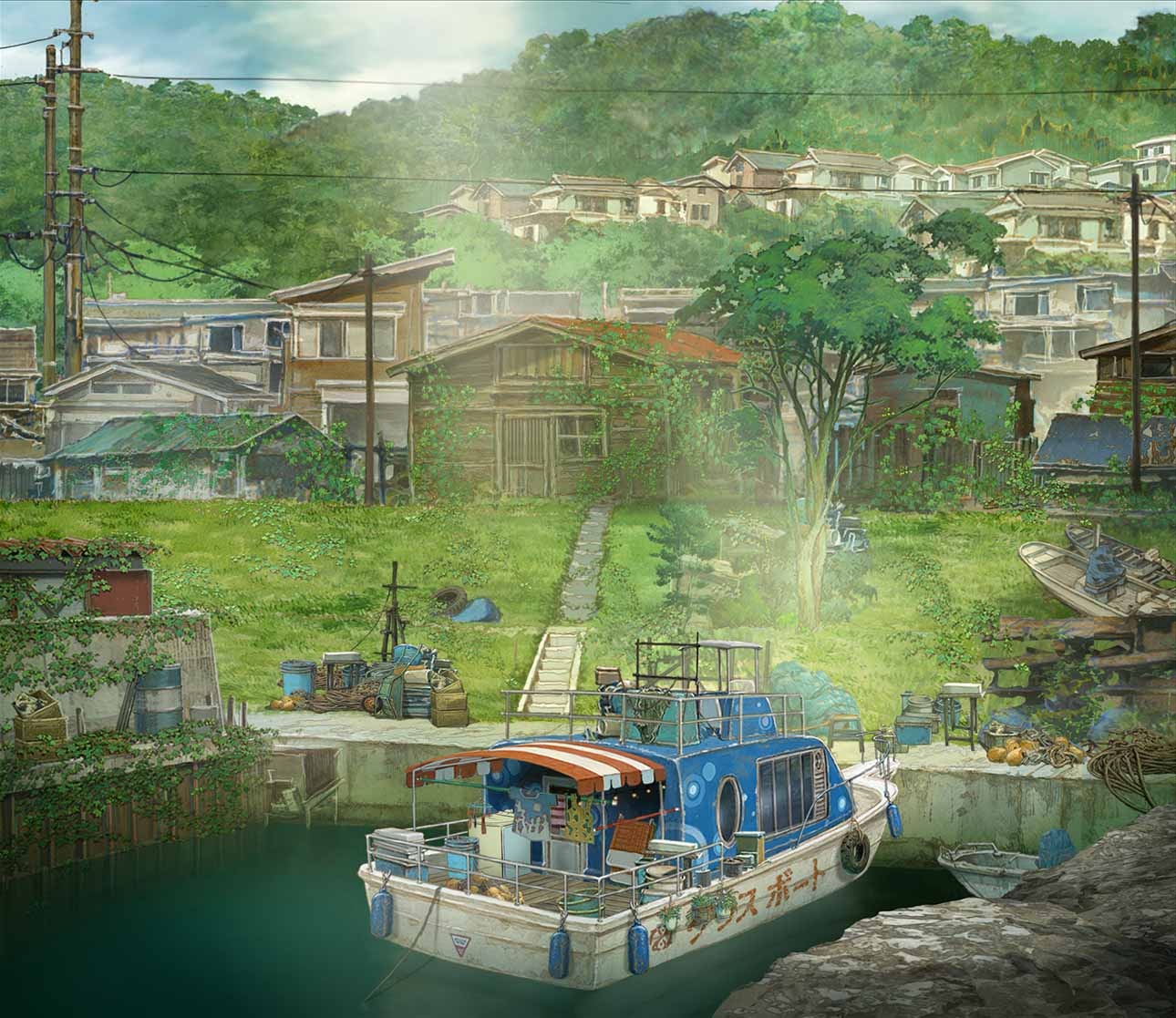 《漁港的肉子》中的漁港小鎮是團隊設計的虛構舞台，融合了日本各地漁港的特徵。（傳影互動提供）