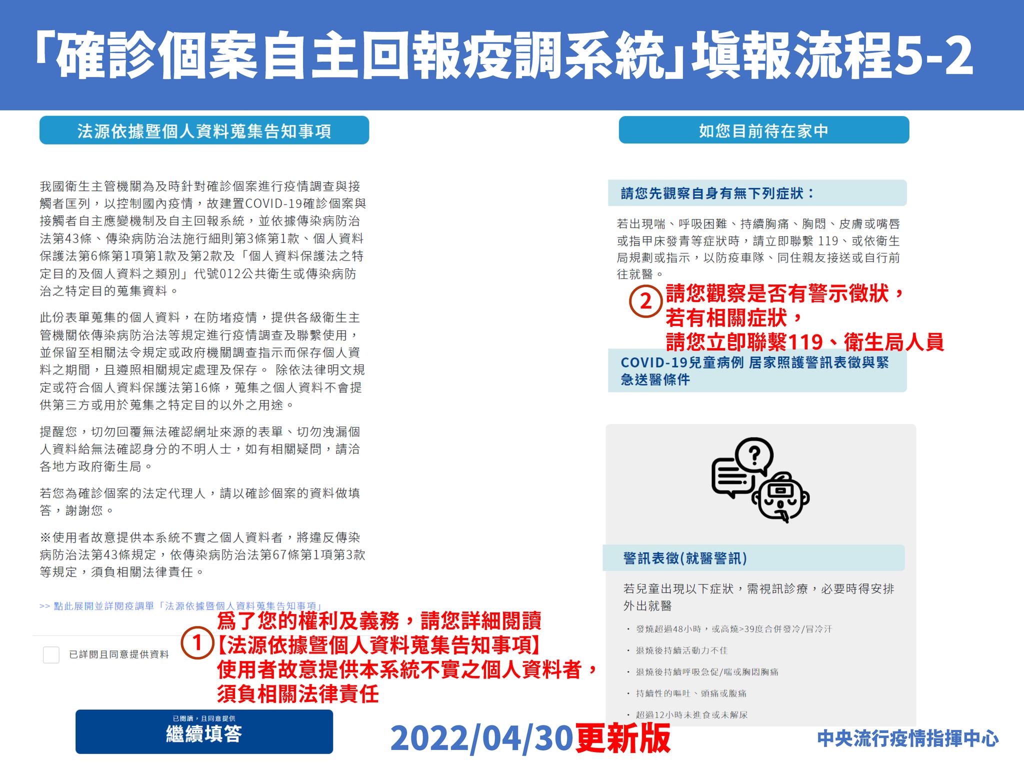 指揮中心說明確診者自主回報疫調系統。(指揮中心提供)