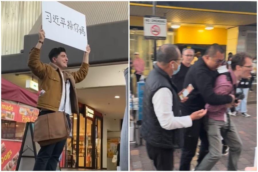 澳洲社會運動領袖帕夫洛日前在街頭舉牌,引來中國人辱罵動粗,連一旁的YouTuber也遭受波及。(翻攝自Drew Pavlou臉書)