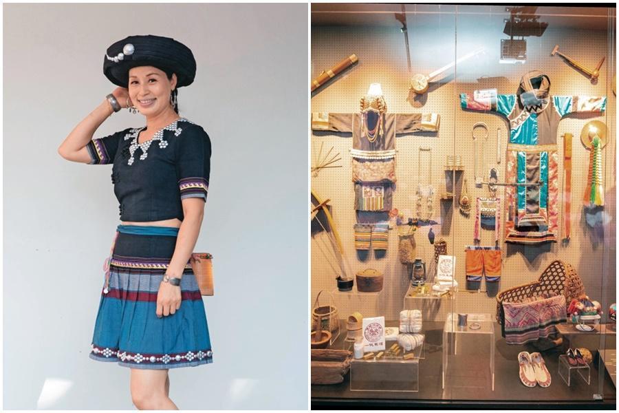 館內展示雲南傈僳族傳統服飾，以及工作人員示範穿著。