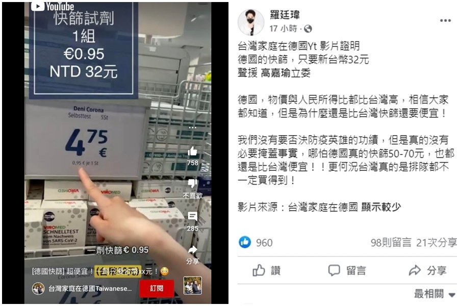 台中市藍營議員羅廷瑋昨（2日）透過YouTube《台灣家庭在德國 》影片證明，德國的快篩真的只要32元，聲援高嘉瑜。（翻攝自羅廷瑋臉書）