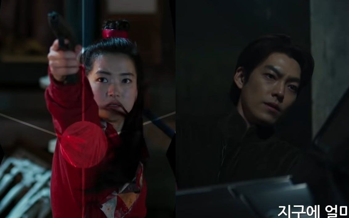 金泰梨（左圖）在新片《外星+人》預告中展現矯健身手；金宇彬飾演護送外星人囚犯的保鑣，也有不少精彩動作戲。（翻攝畫面）