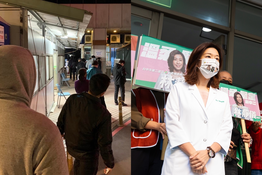 林靜儀（右）昨日公告自己確診，卻引來朱凱翔質疑，為什麼林靜儀可以「隨到隨做PCR」；左圖為民眾排隊等做PCR畫面。（翻攝自「不演了新聞台」、本刊資料照）