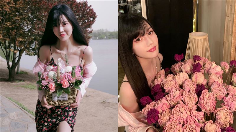 Yumi捧花，都不知要看花，還是看人。（翻攝自Yumi微博）