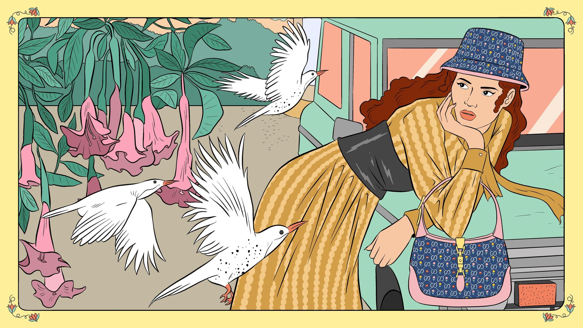 GUCCI邀來藝術家Raphaelle Macaron為全新的Blooming Love系列描繪出形象宣傳插畫。（GUCCI提供）