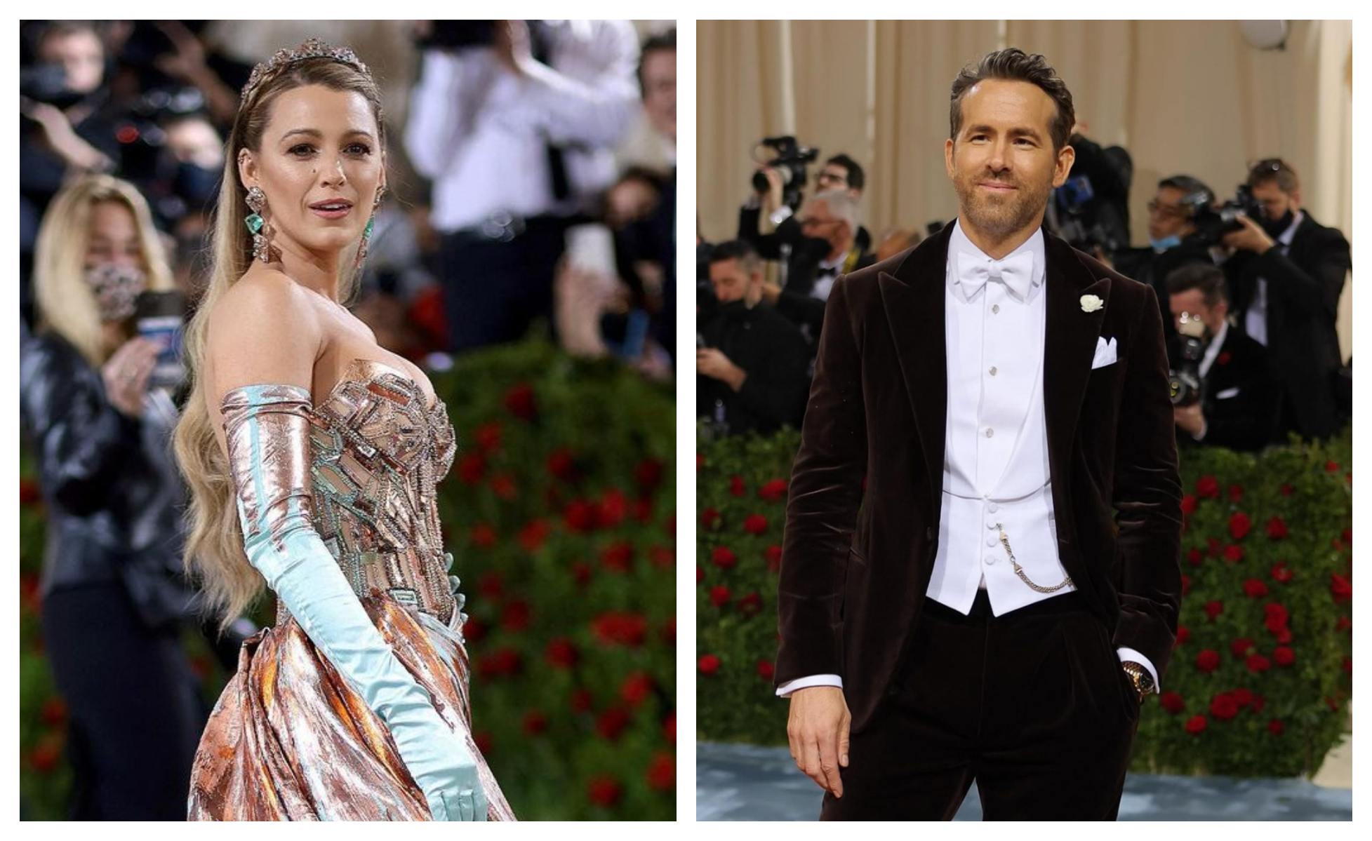 布萊克萊芙莉（左圖）和老公萊恩雷諾斯（右圖）連袂出席Met Gala。（翻攝Donatella Versace／Ryan Reynolds IG）