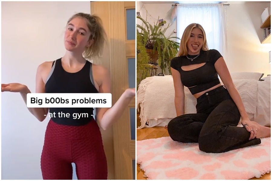 加拿大正妹網紅拍攝一系列「大胸部困擾」，引起熱議。（翻攝自billiebopbillie Tiktok、IG）