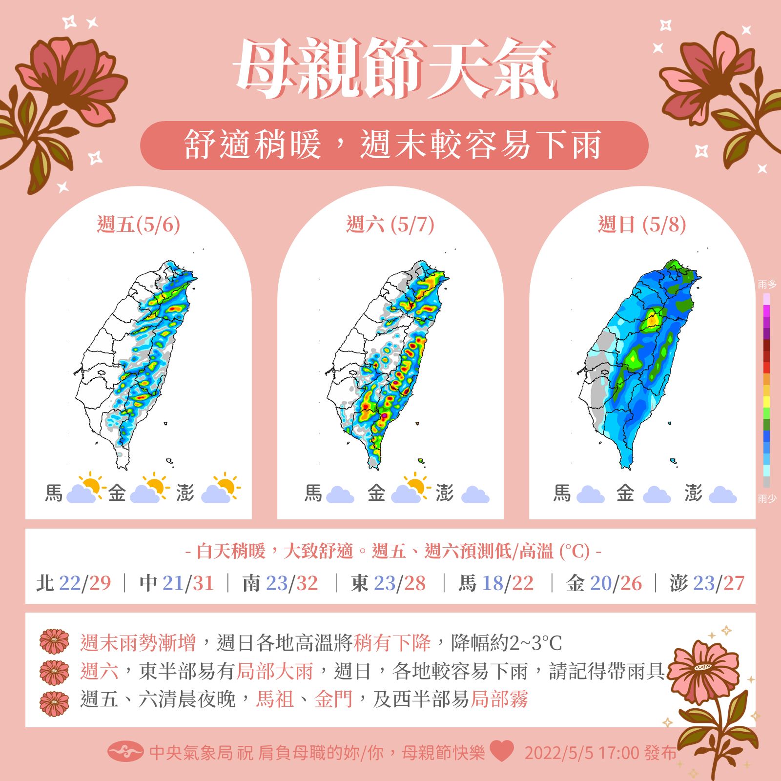 中央氣象局說明週五至母親節當天的天氣變化。（中央氣象局提供）