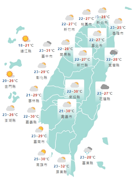 全台各地白天天氣狀況一覽。（中央氣象局提供）