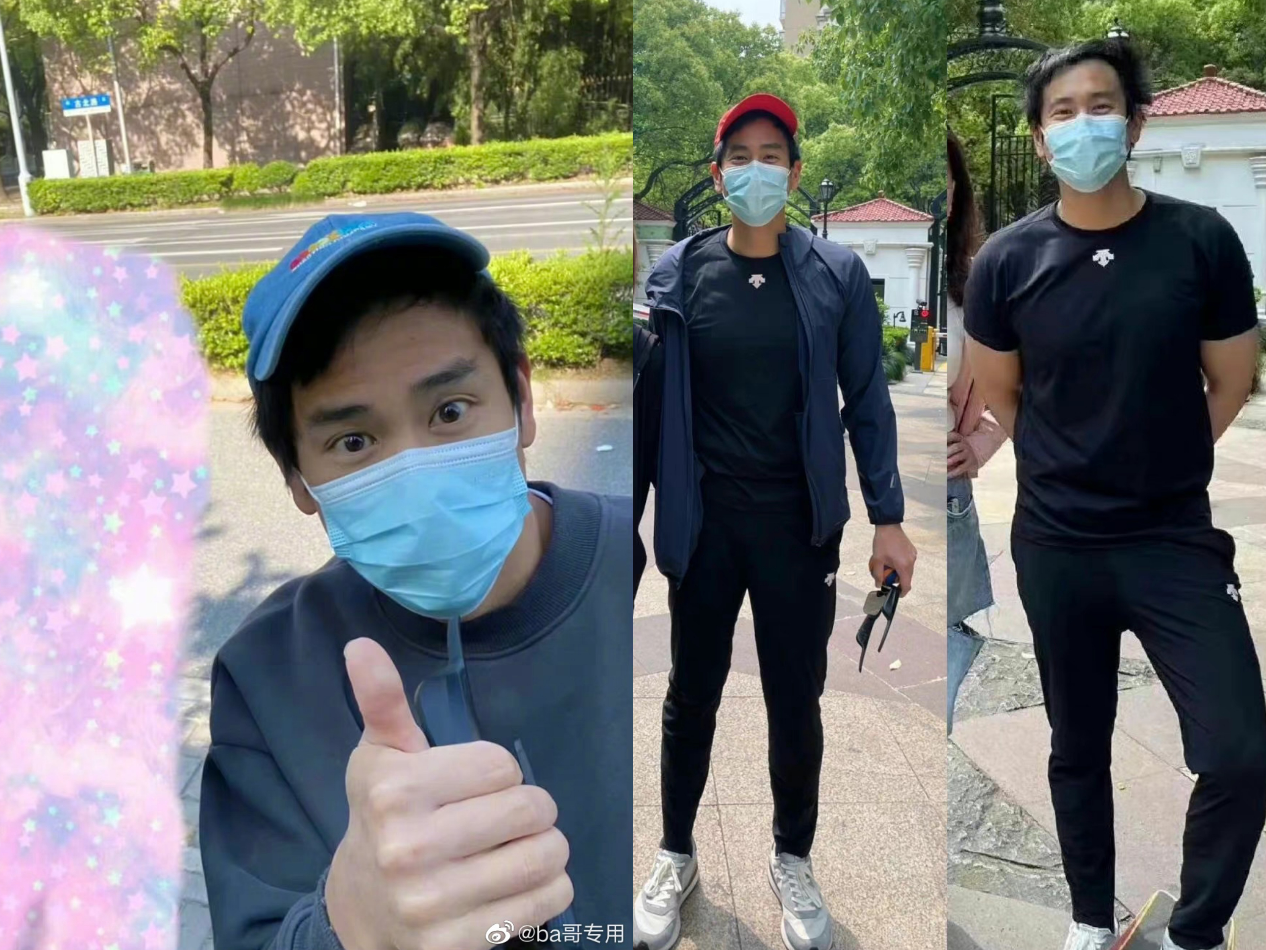 下樓散步同時彭于晏與鄰居合照，沒有打理儀表，網友笑稱隔離之下「你我皆凡人」。（微博圖片）