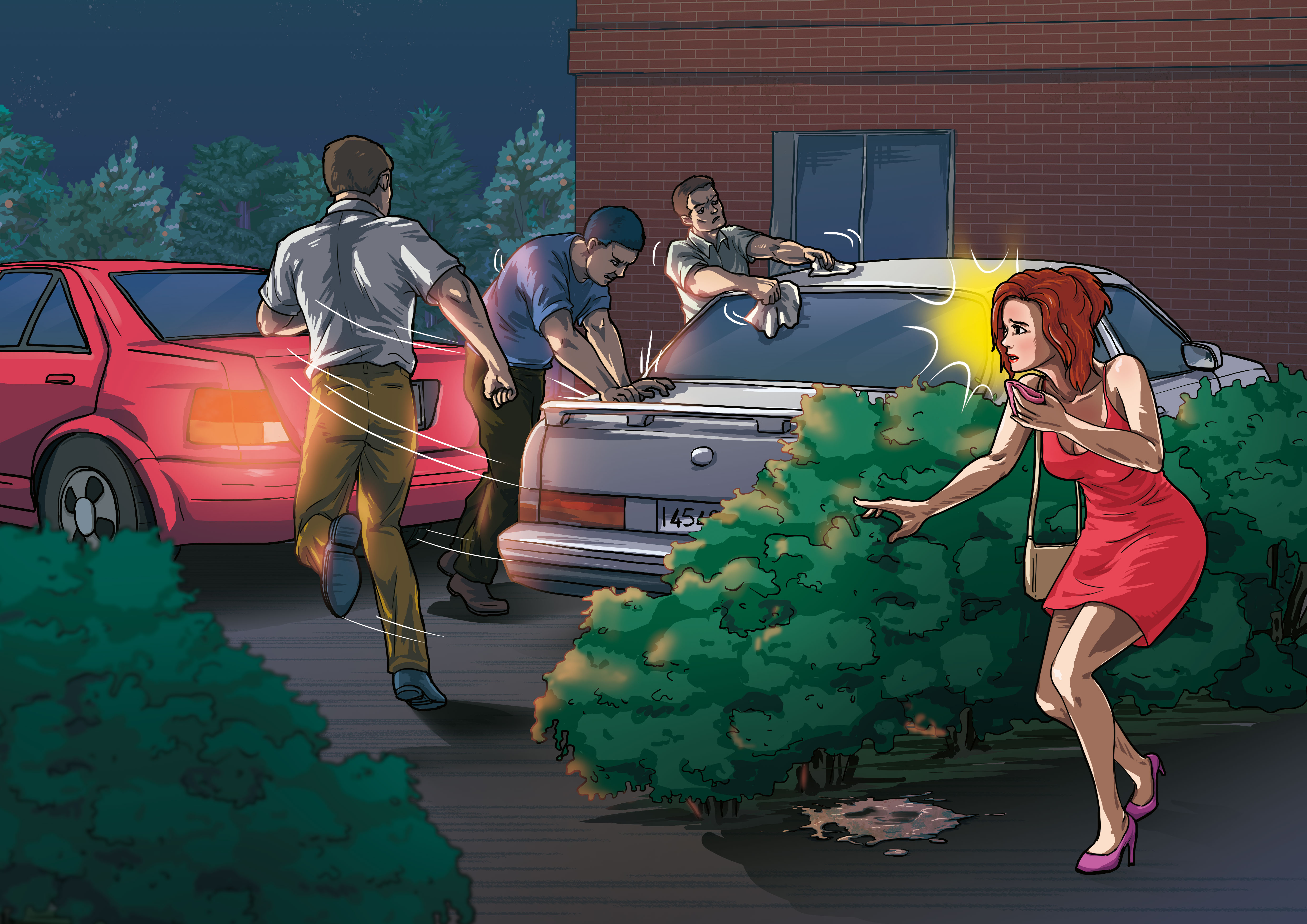 卓長仁等人棄屍後，圍在死者的白車旁擦拭滅證，碰巧被一名舞小姐目擊。