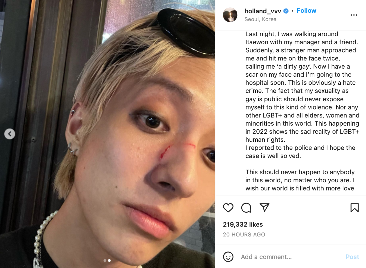 Holland在社群平台公開自己因為是Gay而被陌生人攻擊的照片與心情。（翻攝Holland IG)
