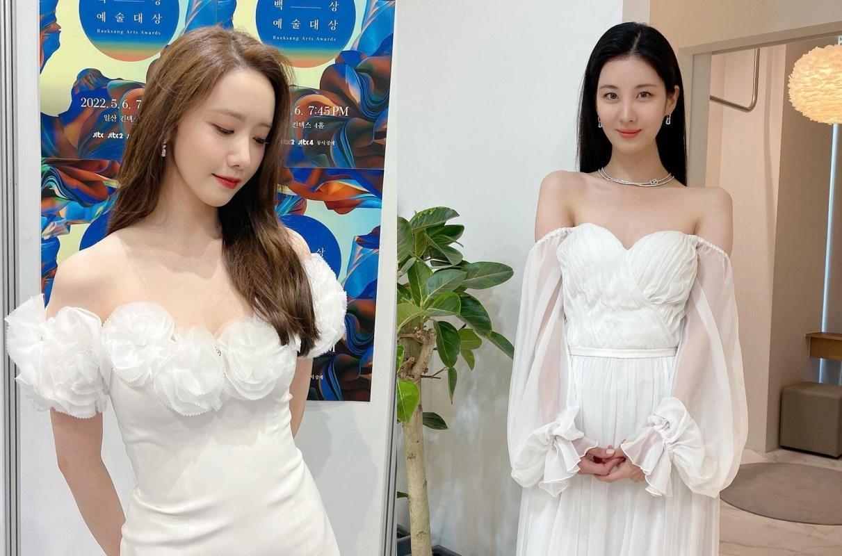 少女時代潤娥與徐賢都以白色禮服出席百想藝術大賞。(左翻攝limyoona__official IG、右翻攝Namoo娛樂iG)