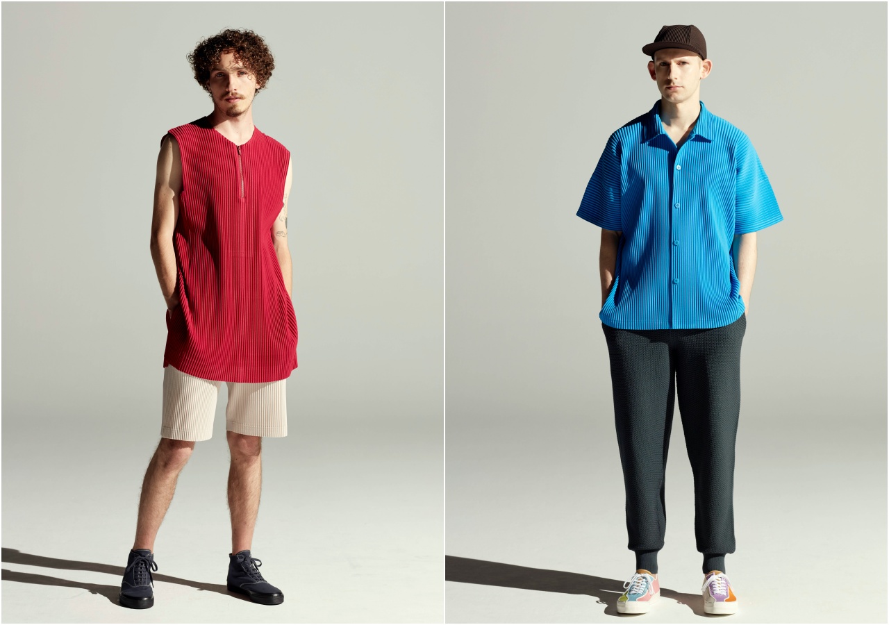 （左起） 4月季節色開領五分袖襯衫NT$10,800、粗棉針織縮口長褲NT$20,300；5月季節色無袖長版上衣NT$9,800（君梵提供）