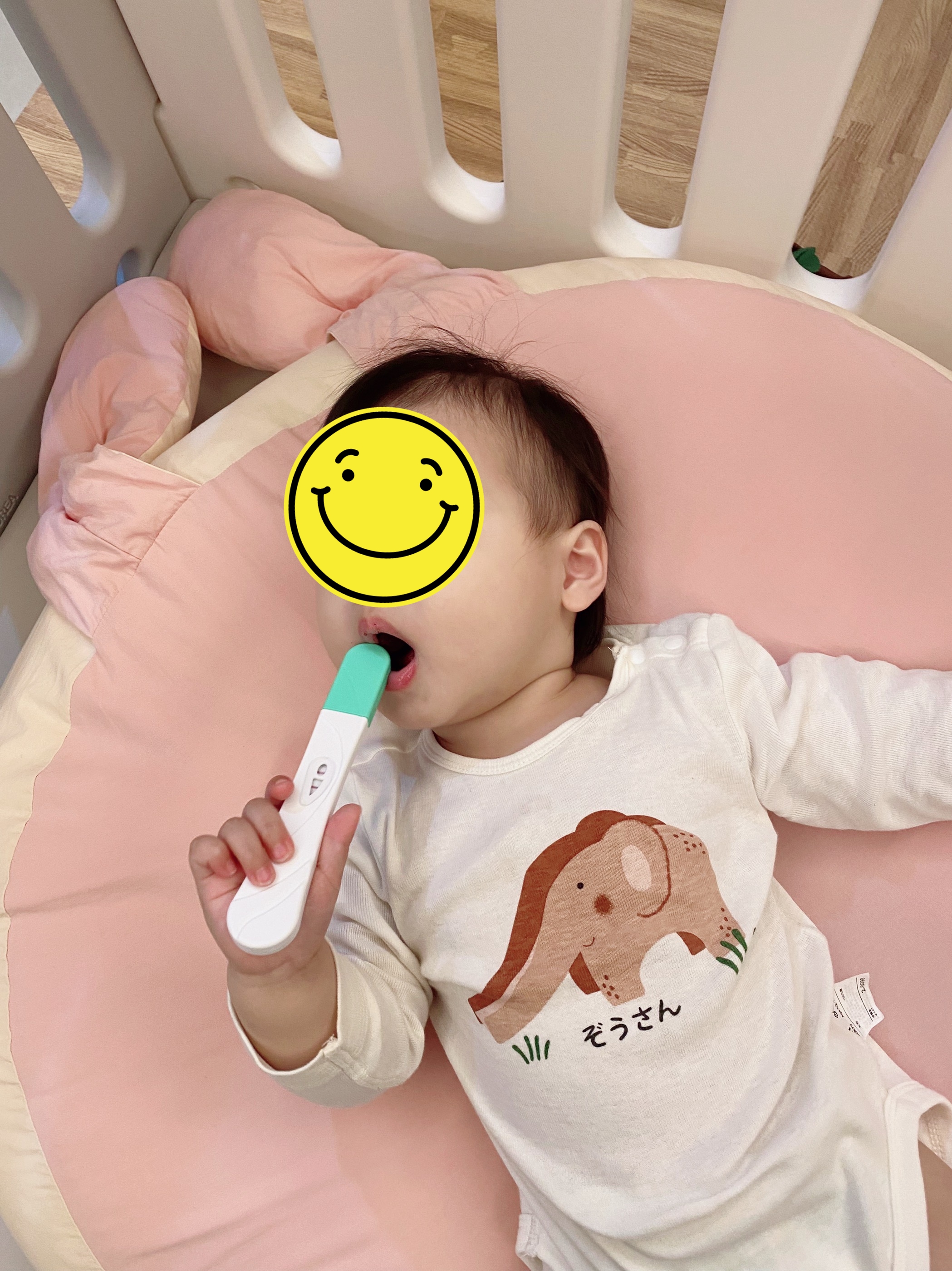 簡廷芮的大女兒小蘿蔔把玩驗孕棒。(藝和創藝提供)