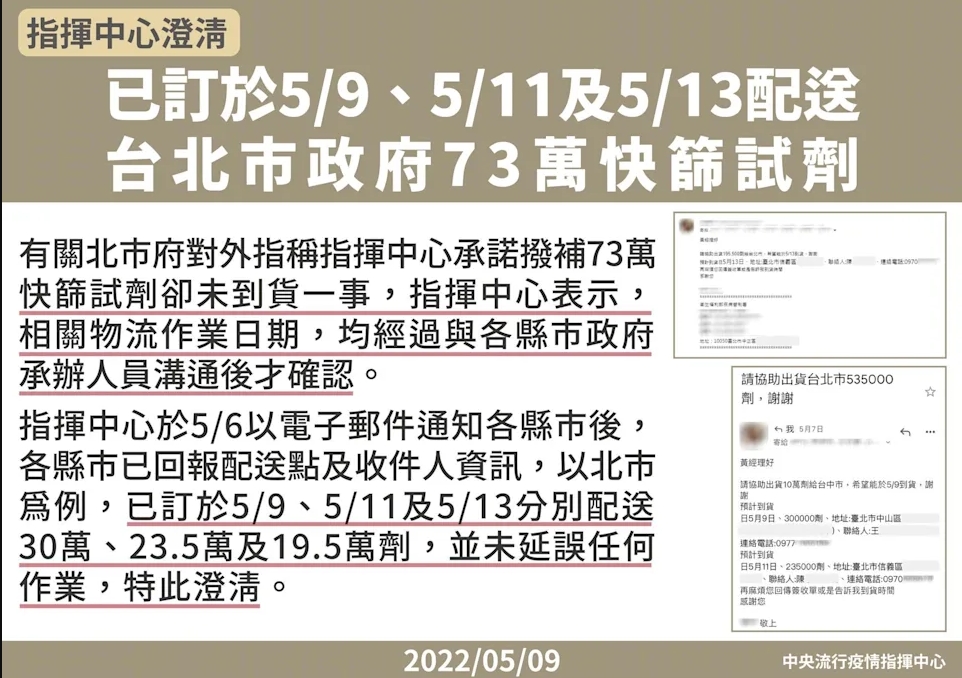 指揮中心澄清北市府指73萬快篩沒收到說法。（指揮中心提供）