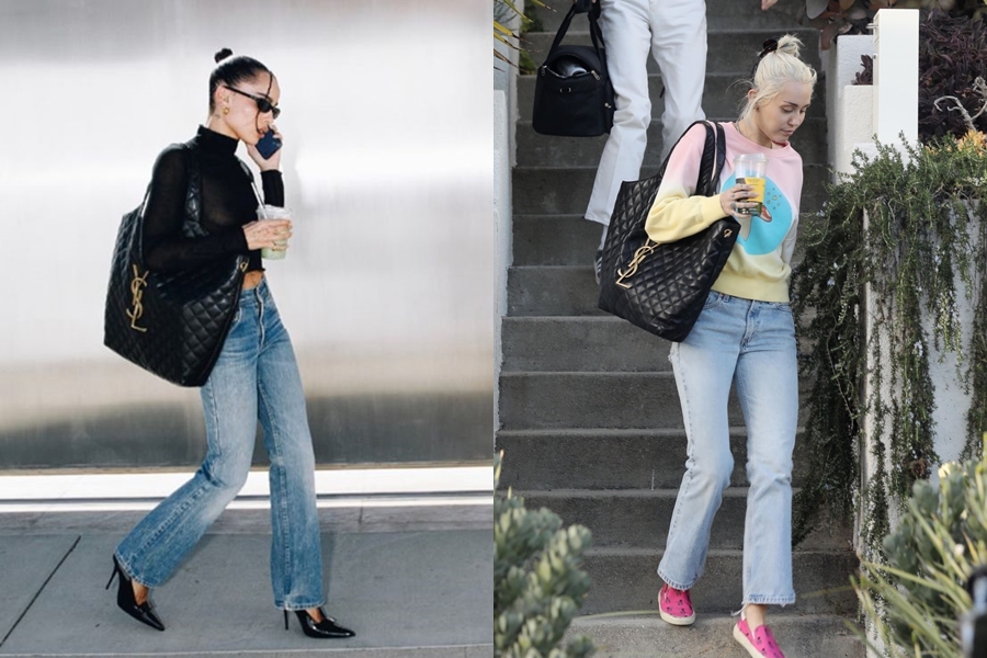 〈左起〉新一代貓女柔伊克拉維茲Zoe Kravitz、美國歌手麥莉希拉Miley Cyrus以單寧長褲搭配ICARE包款，展性輕鬆隨意。〈SAINT LAURENT提供〉