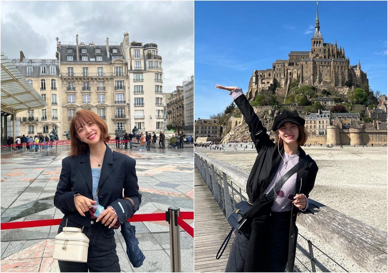 在巴黎旅遊的韓國女星金世正以兩款不同的寶格麗包款,作為她的歐遊旅伴。(翻攝自金世正IG)