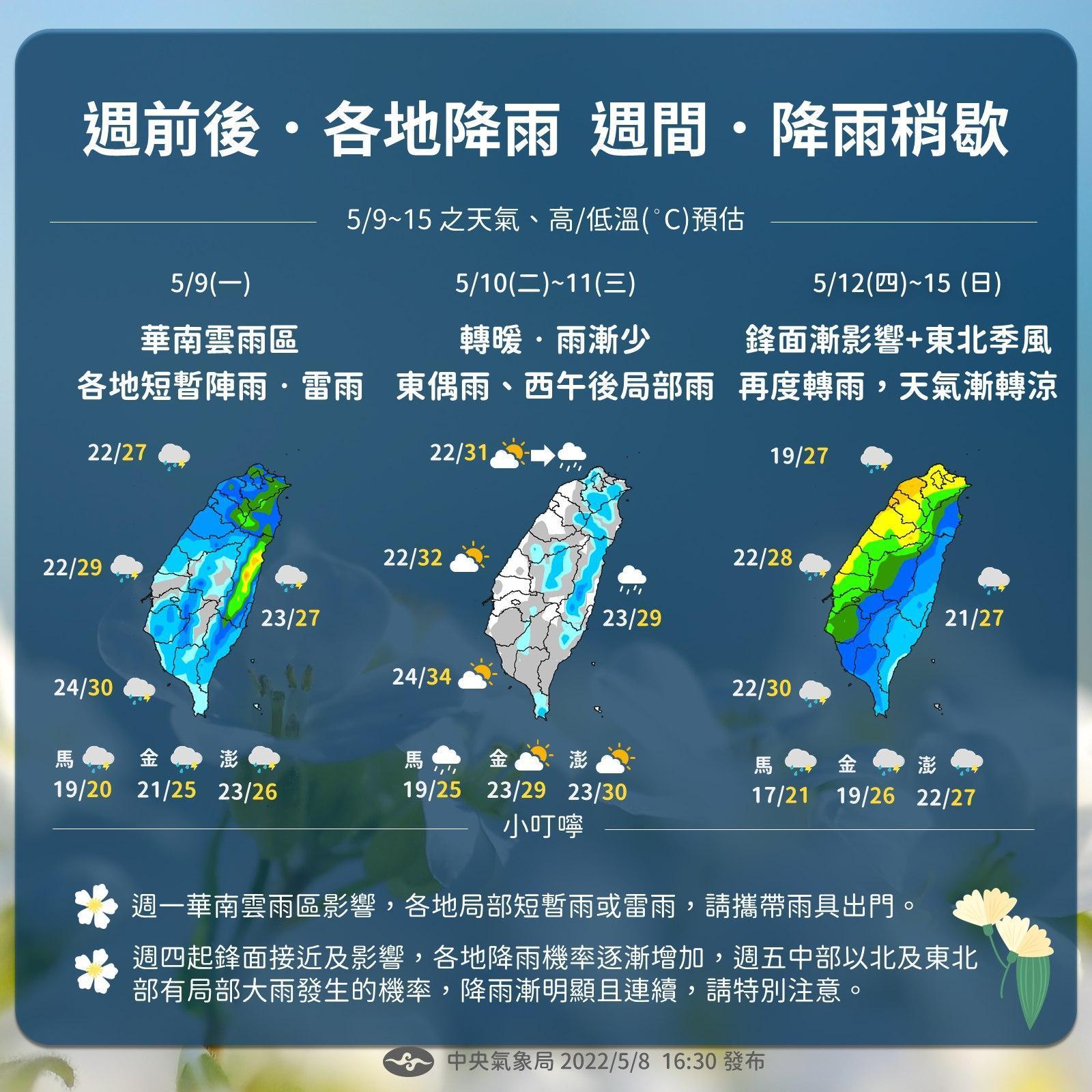 未來一週天氣概況。（中央氣象局提供）