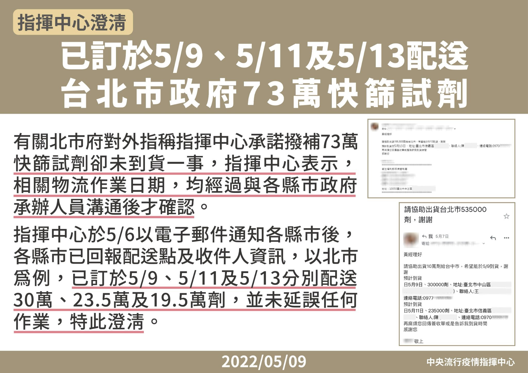 指揮中心昨日澄清北市府說詞,並貼出往來郵件作為佐證。(指揮中心提供)