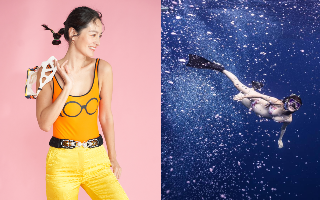 Janet下潛,笑說就像是在香檳(或氣泡水)裡游泳的感覺。(《Women's Health》提供、翻攝自Janet臉書)