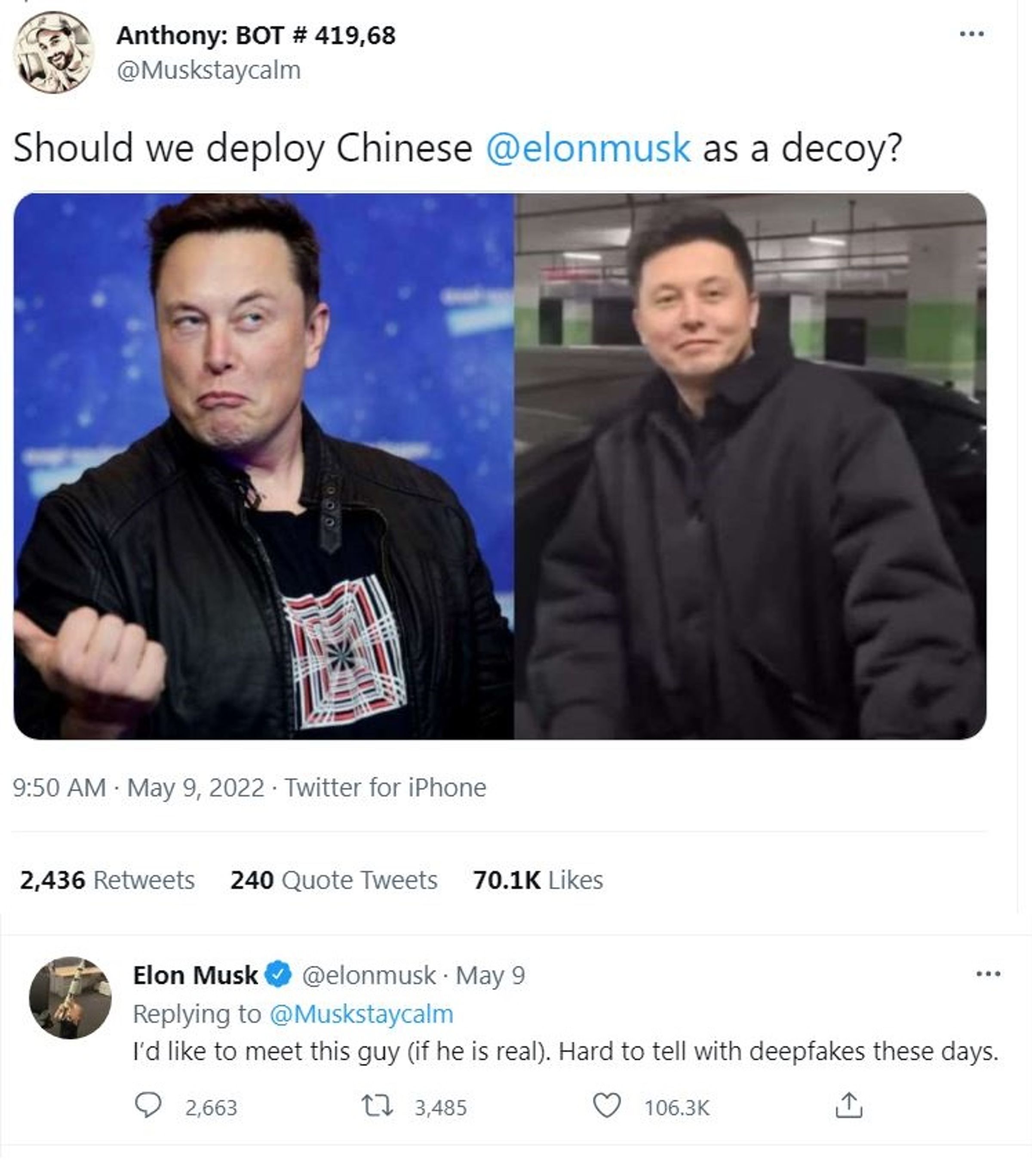 馬斯克當時親自回覆有關馬一龍的推文，直呼想見他。（翻攝推特）