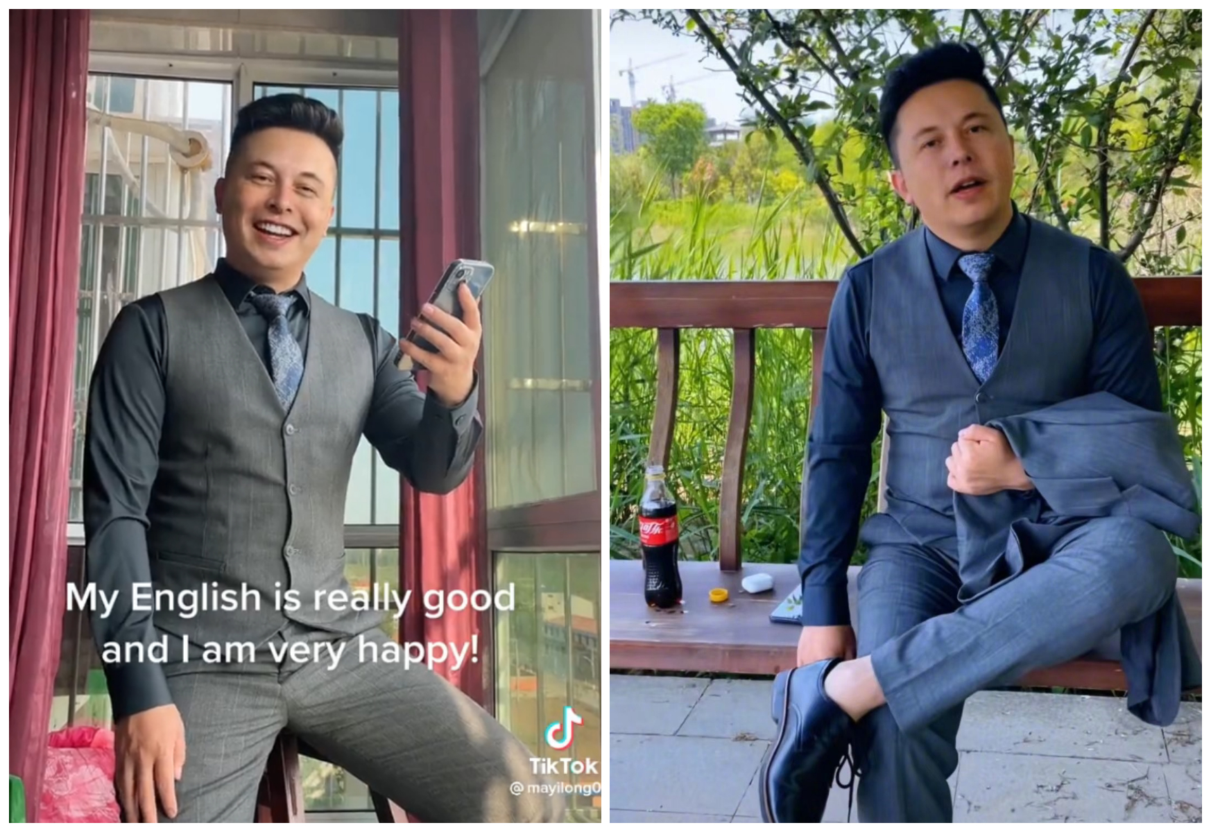 馬一龍都用「菜英文」自我介紹,還曾拍拿可口可樂的影片,向馬斯克致敬。(翻攝馬一龍抖音)