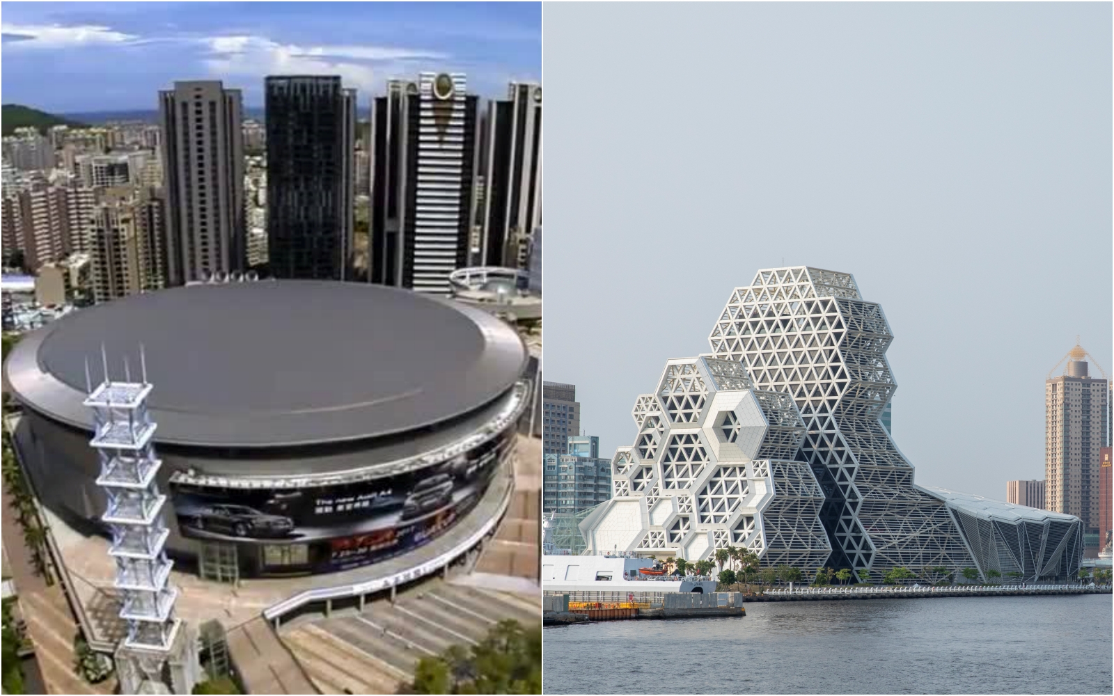 今年金曲獎頒獎典禮將於高雄巨蛋（左）舉行；「金曲國際音樂節」則將於高雄流行音樂中心（右）登場。（翻攝高雄巨蛋臉書／本刊資料照）