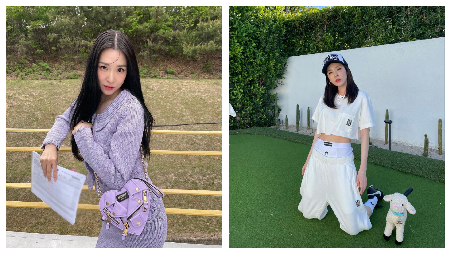 少女時代的Tiffany（左）與2NE1成員Dara（右）都在IG曬出背著超可愛MOSCHINO包包的照片。（MOSCHINO提供）