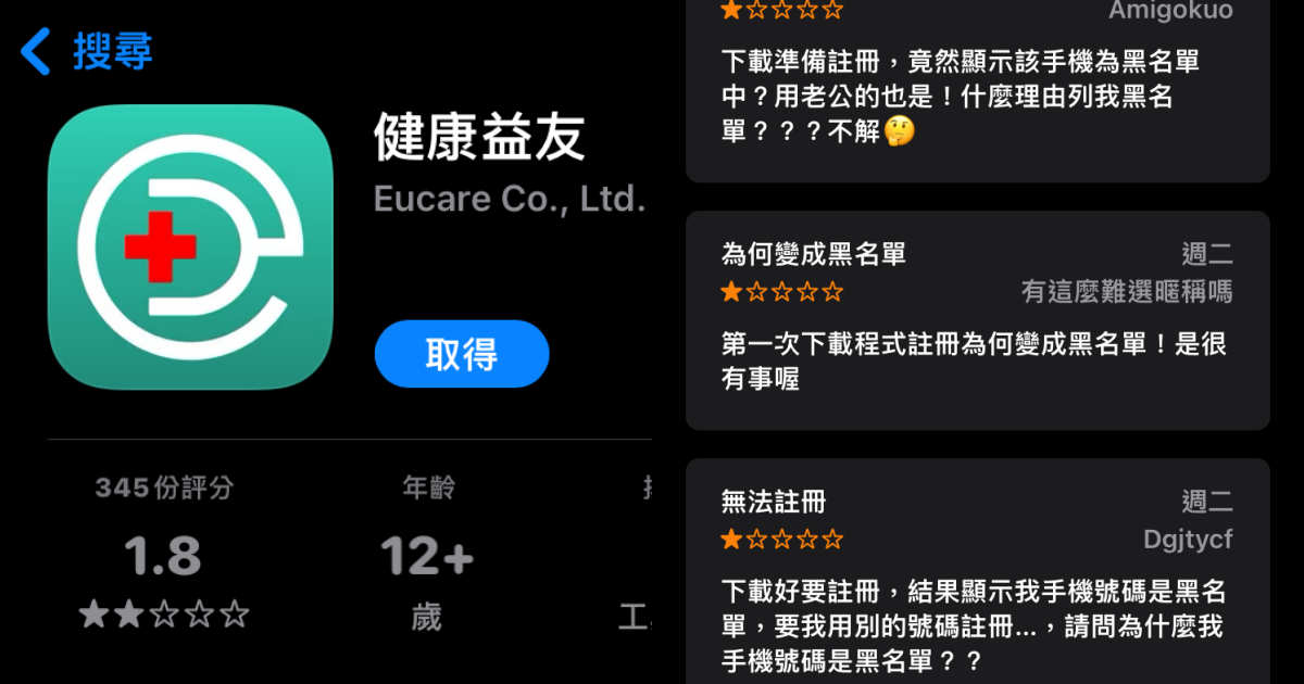 「健康益友」App被刷整排負評,僅剩1.8顆星。(翻攝自App Store)