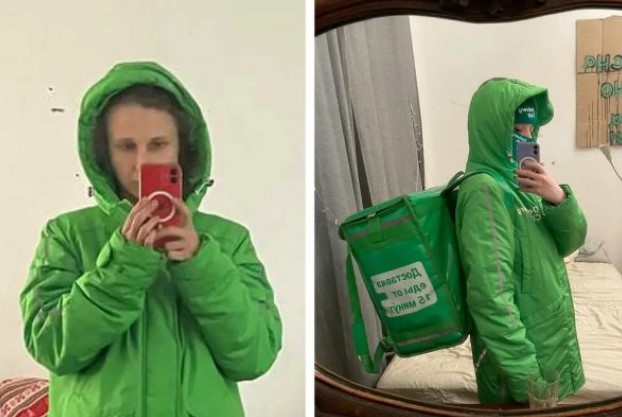 俄羅斯龐克樂團「暴動小貓」團長艾廖希娜假扮成外送員成功離境。(翻攝自推特)