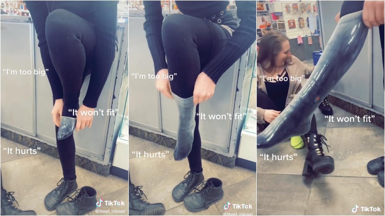 女子緩緩將保險套從腳「穿上」,證明保險套的大小就連她的小腿也能完整包覆。(翻攝自TikTok)