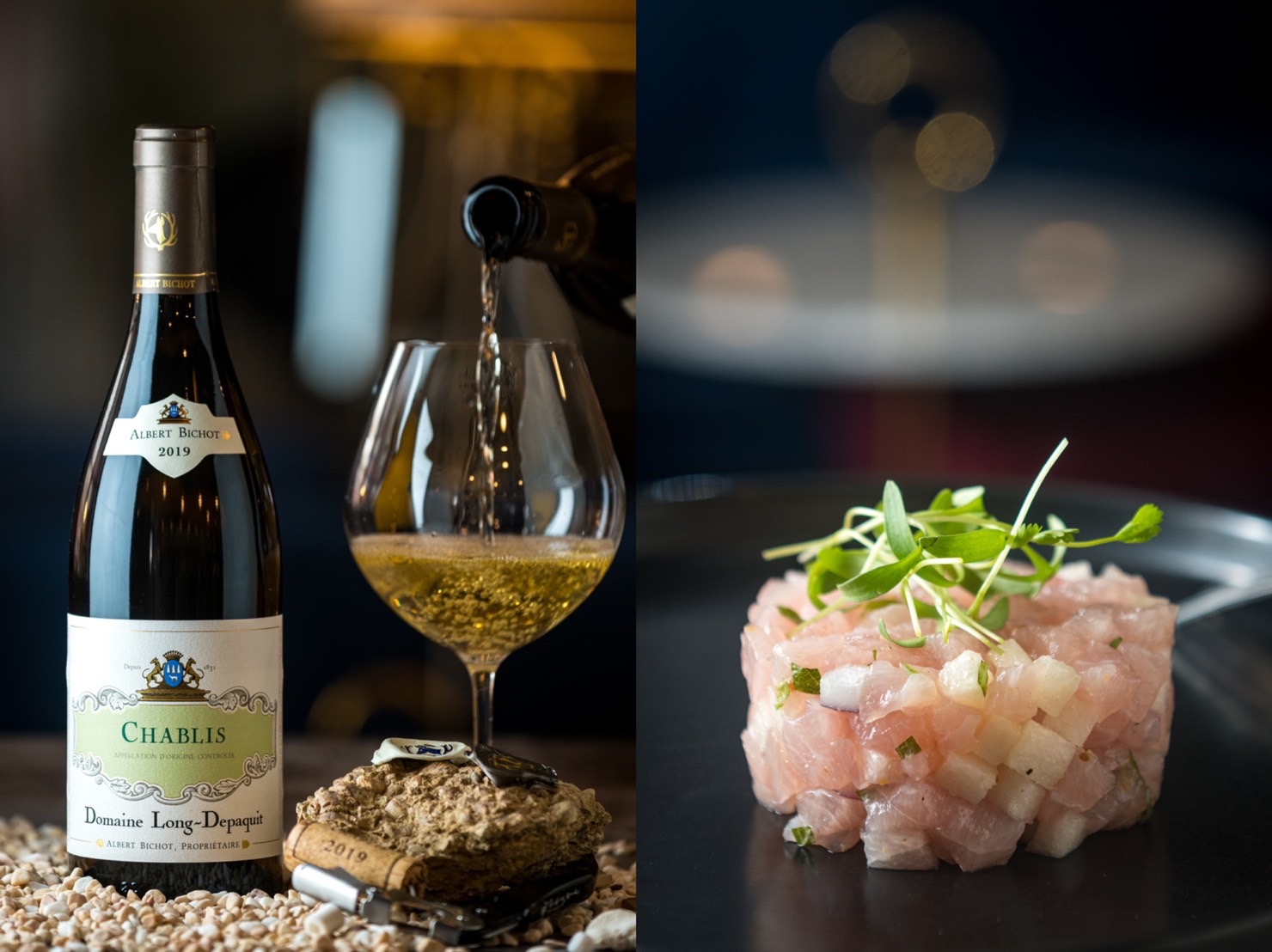 帶有貝殼鹹味的「法國 亞伯彼修酒莊夏布利村莊級白酒 2019」，冰沁明亮，可以帶出白肉魚的鮮美。（1,900元／瓶）