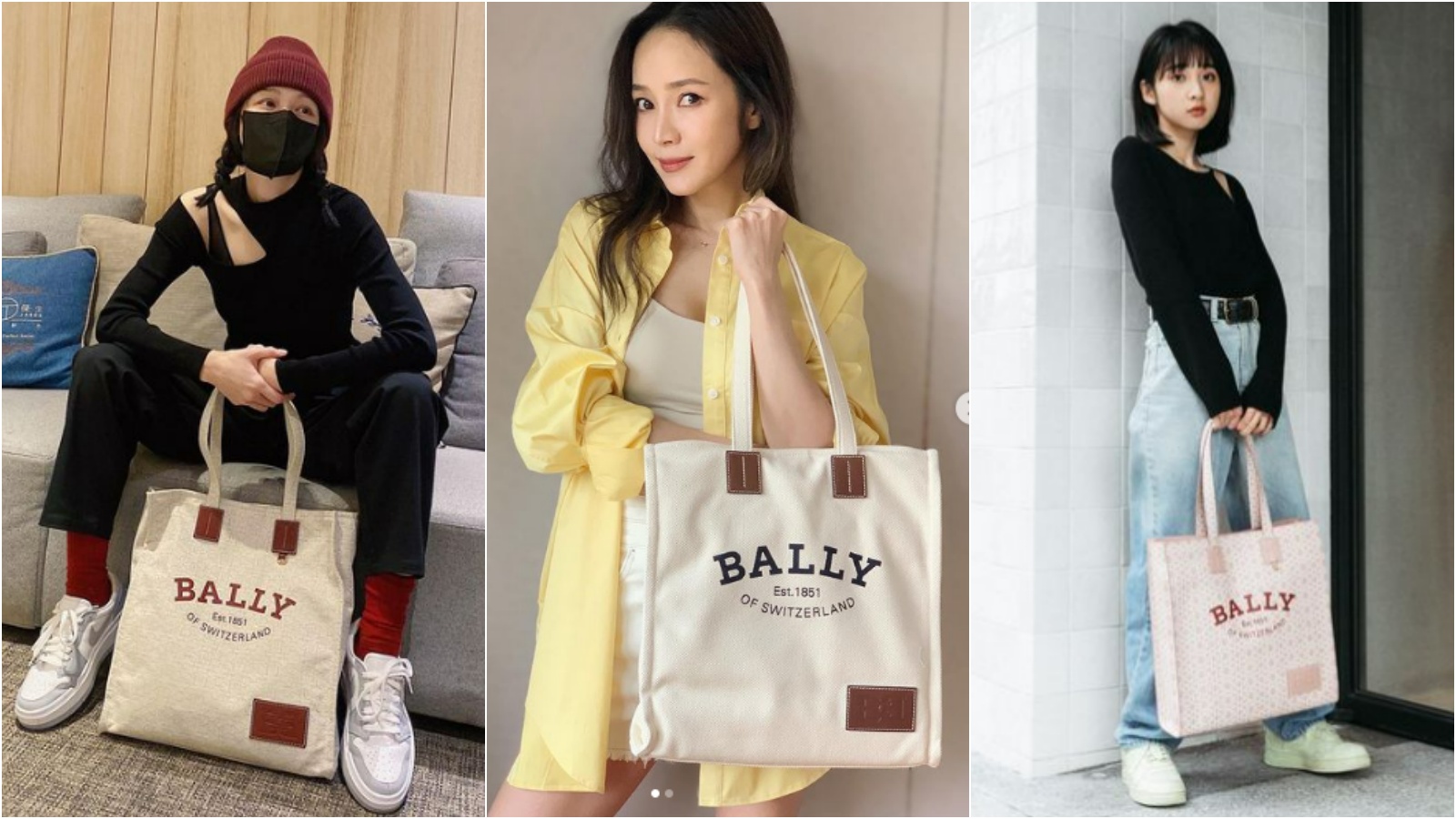 徐若瑄（左起）、侯佩岑、李沐皆以不同造型詮釋BALLY Crystalia托特包。（美之心提供）