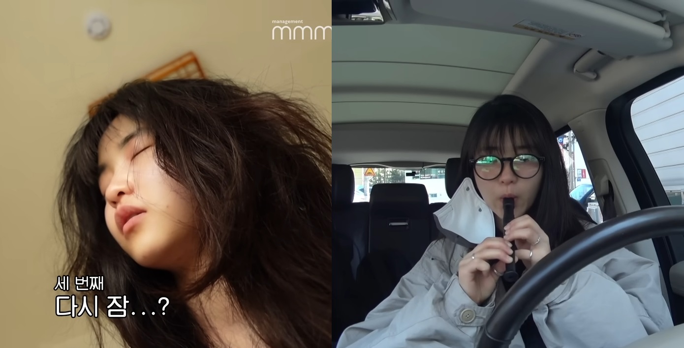 金泰梨為了感謝粉絲製作旅行vlog，不顧形象大方公開剛睡醒的素顏（左圖），旅途中還莫名吹起笛子。（翻攝自YouTube畫面）