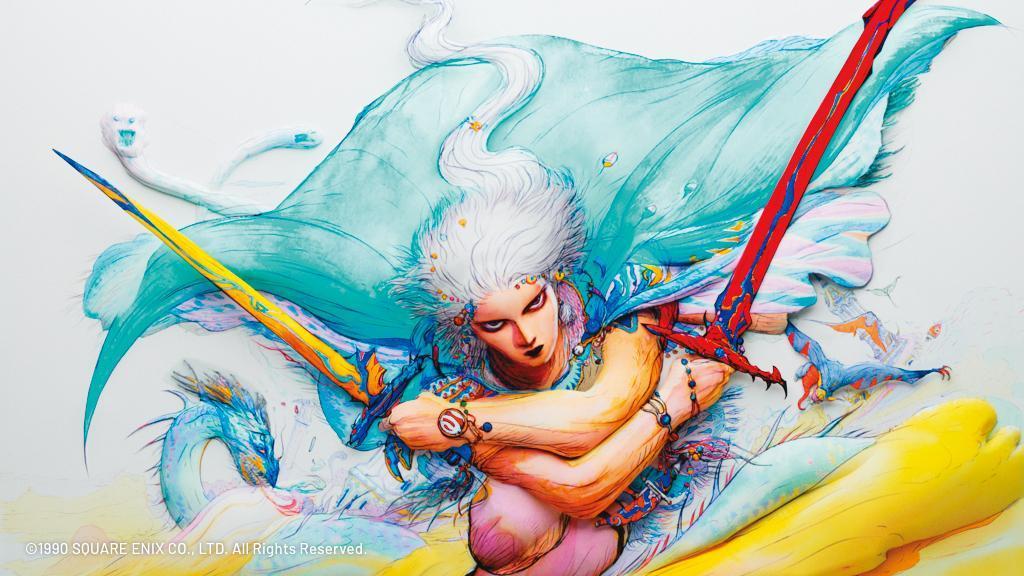 遊戲《最終幻想》系列人物設計讓天野喜孝享譽全球,觀眾可在「最終幻想館」(上圖)欣賞32幅經典畫作。(邦鼎科技、貝殼放大提供)