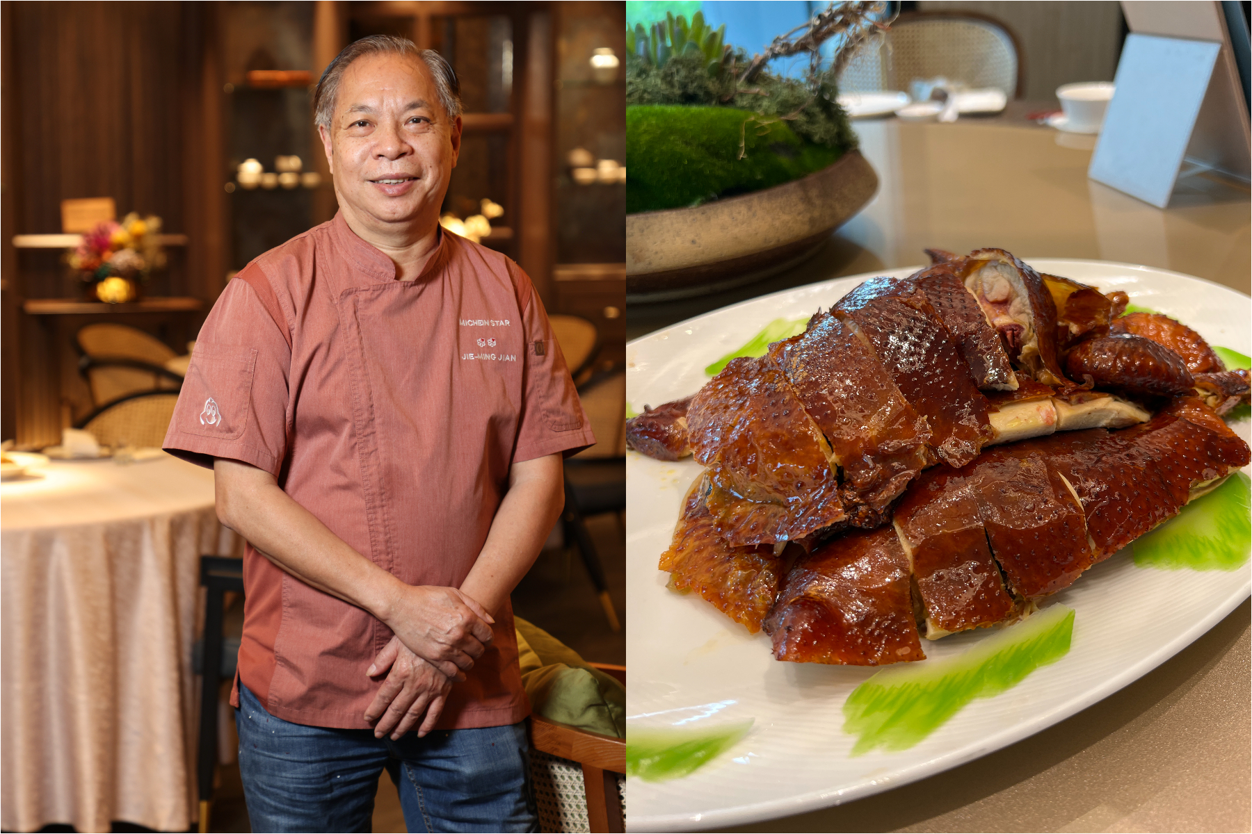 粵菜餐廳「朧粵」廚藝總監簡捷明（左圖，何宗昇攝）再度來台，剛發表的春夏新菜裡，隆重推出招牌「手吊脆皮雞」。