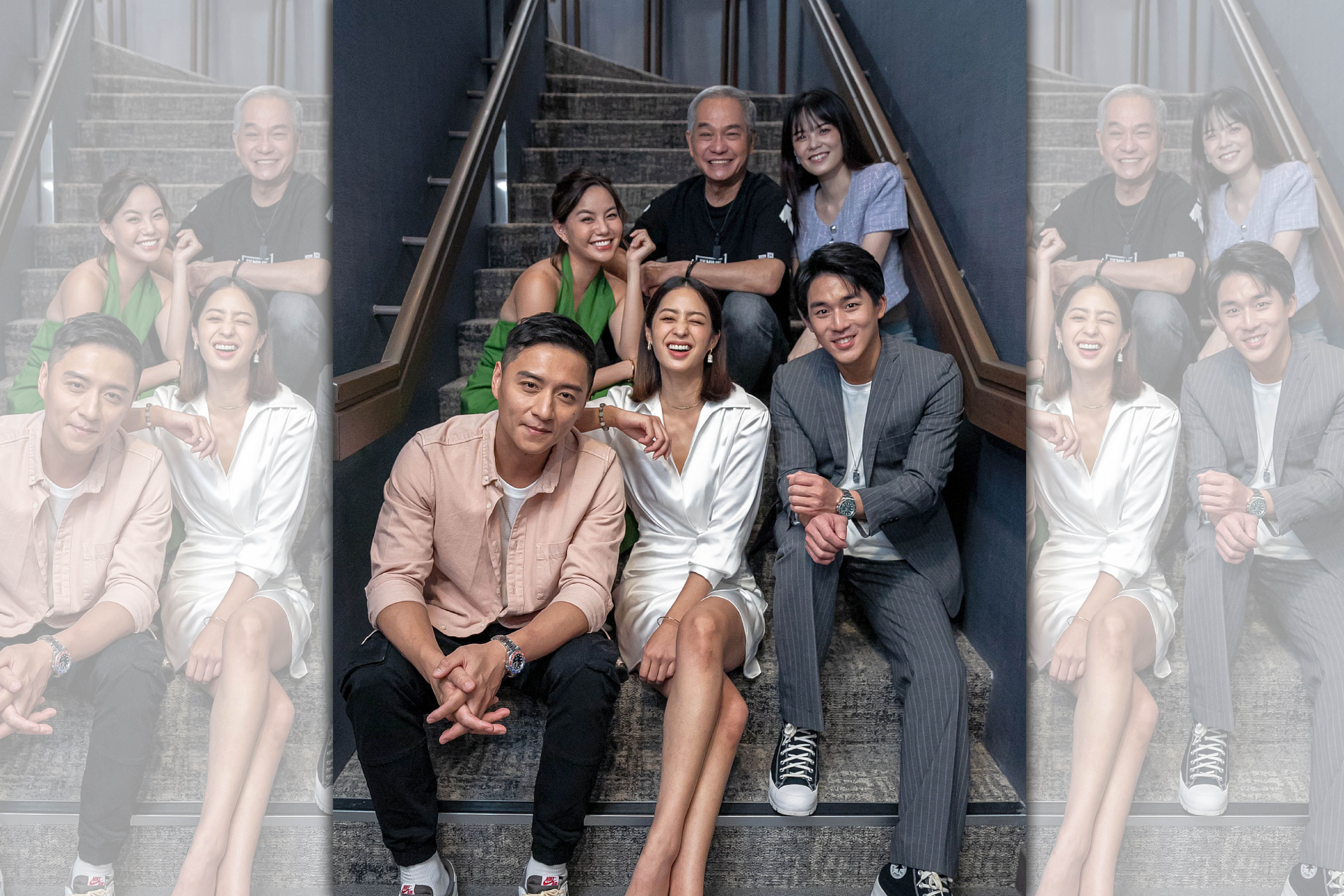 李博翔（左起）、莫允雯和新加坡資深演員劉謙益、芳蓉、胡佳嬑一起出席新戲線上記者會。（CJ ENM HK提供）