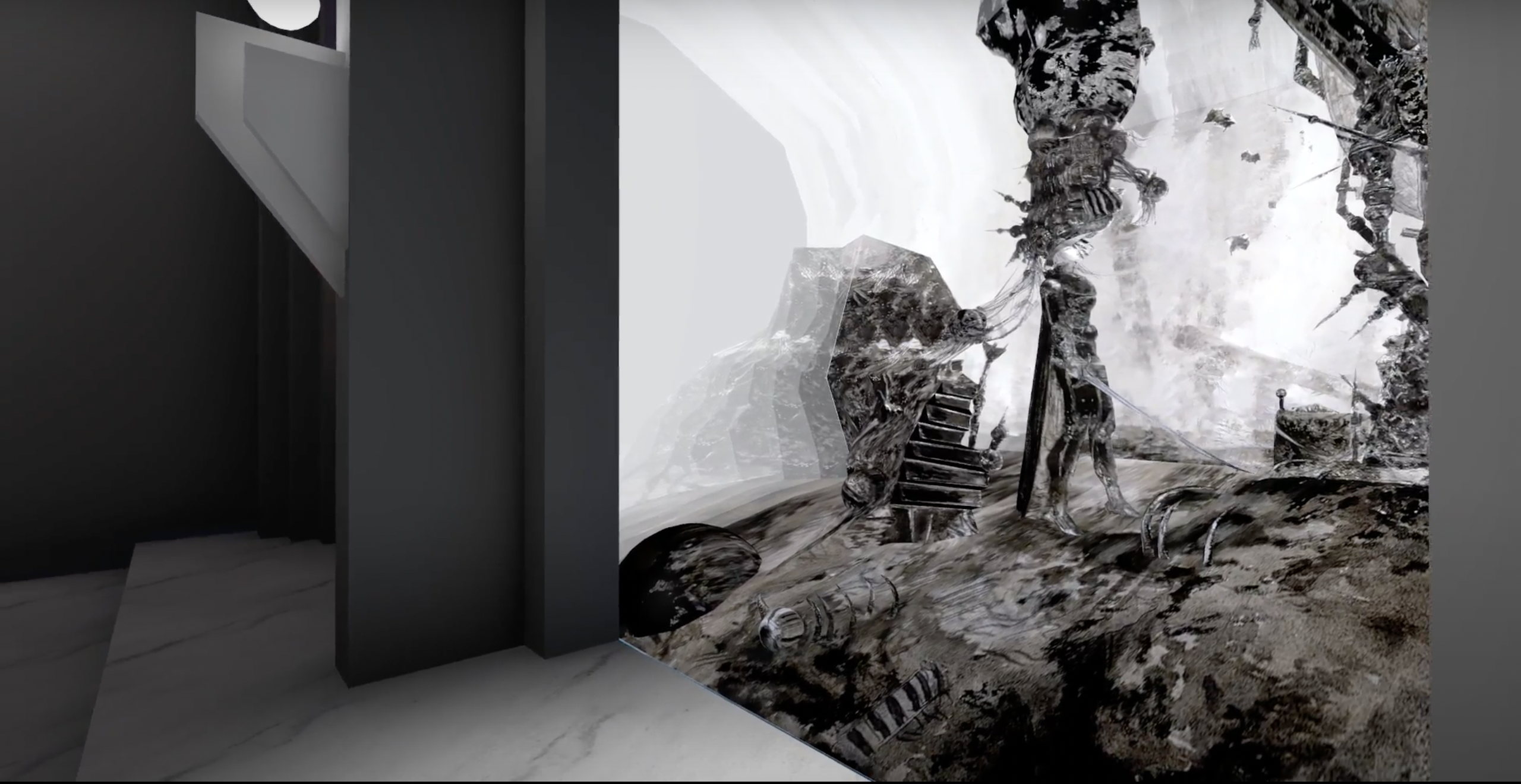 天野喜孝VR美術館的畫作《邂逅》（暫譯，出会い）放大為8公尺高，角色為180公分真人尺寸，打造沉浸感十足的觀展體驗。（邦鼎科技、貝殼放大提供）