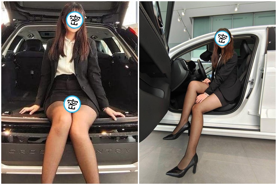 最近臉書社團瘋傳一張正妹汽車業務照片，正妹穿黑絲襪配短窄裙，掀起大票網友關注。（翻攝自爆廢公社）