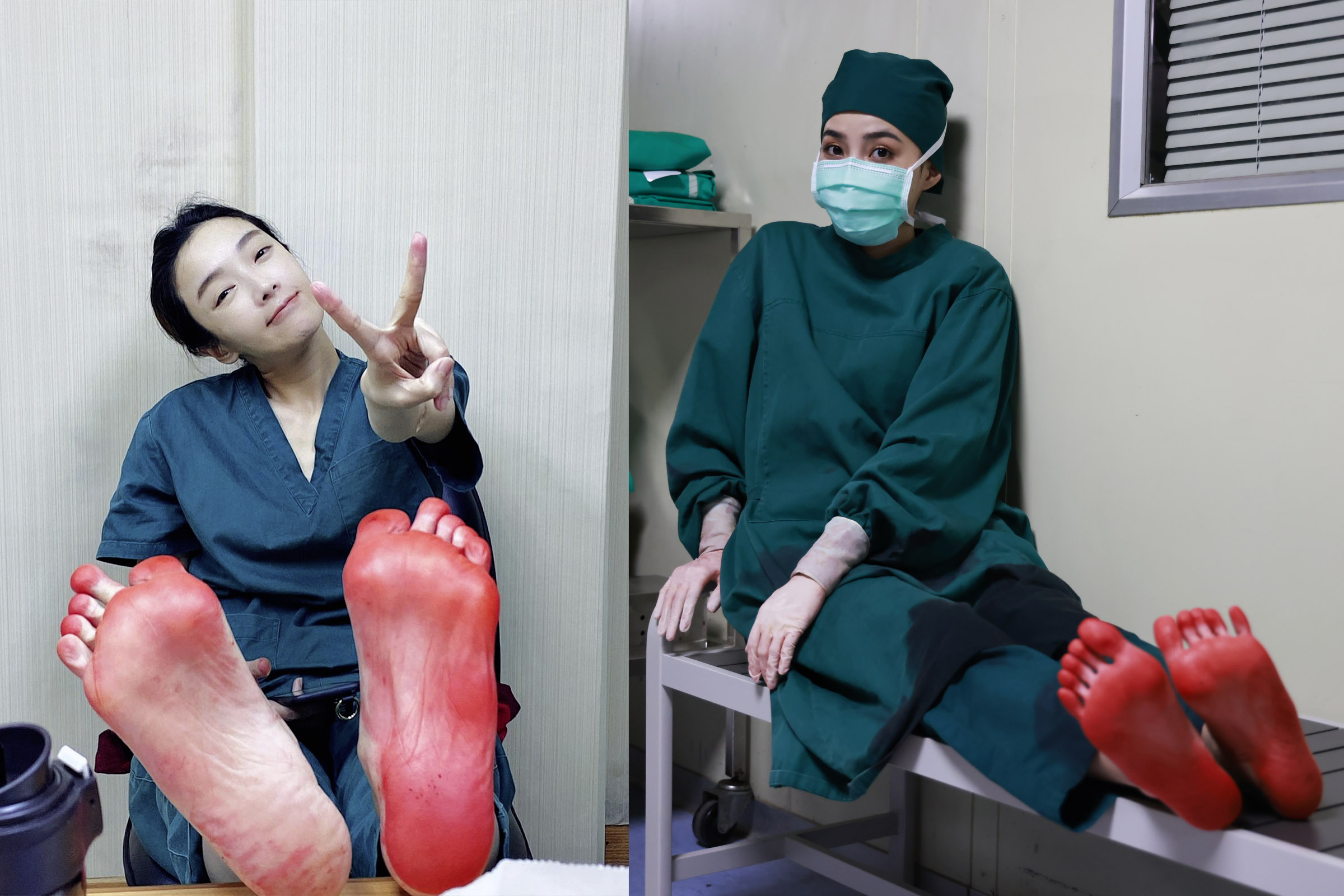 蔡淑臻(左)與杜姸(右)秀出拍攝大出血劇情時,被道具血漿染紅的雙腳。(牽猴子提供)