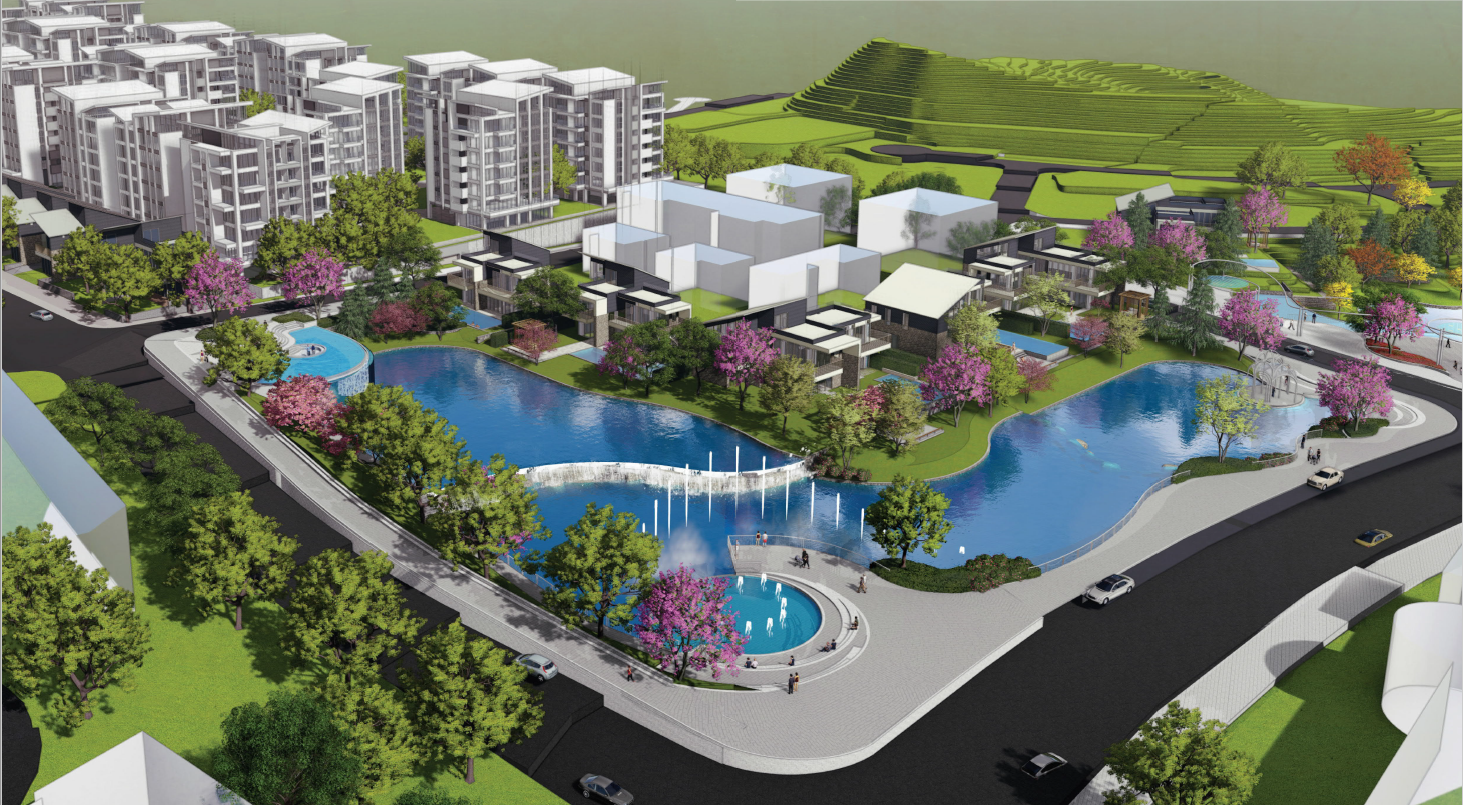 「宏道新竹帝寶」將湖景帶進住宅區，中央公園擁有L形廣闊人工湖域，動態噴泉與落瀑造景格外賞心悅目，營造度假氛圍。（甲山林集團提供）