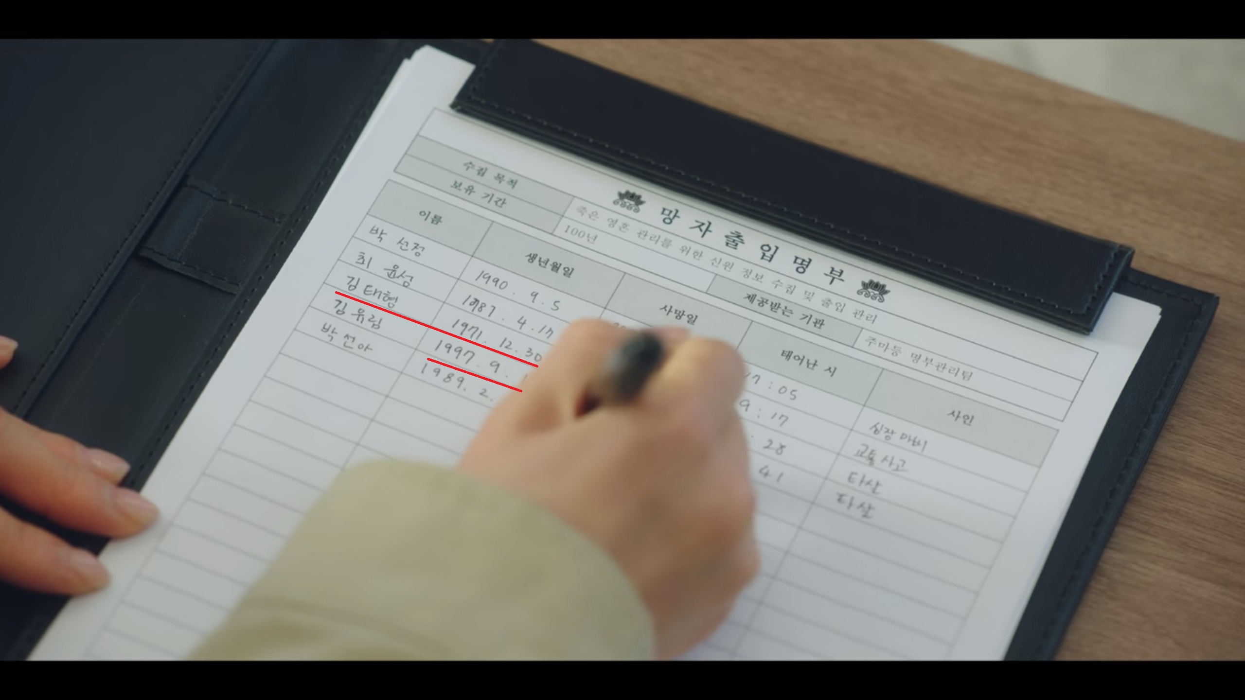 《還有明天》中的死亡名簿出現防彈少年團成員V的本名「金泰亨」及他的生日（紅線處），下方還有柾國的生日。（翻攝自Netflix畫面）
