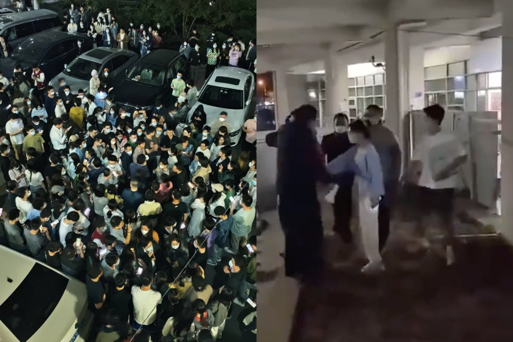 北京大學因為突然在學生宿舍築起「圍牆」,引爆學生聚集抗議(左圖),更有人直接動手破壞(右圖)。(翻攝自twitter)