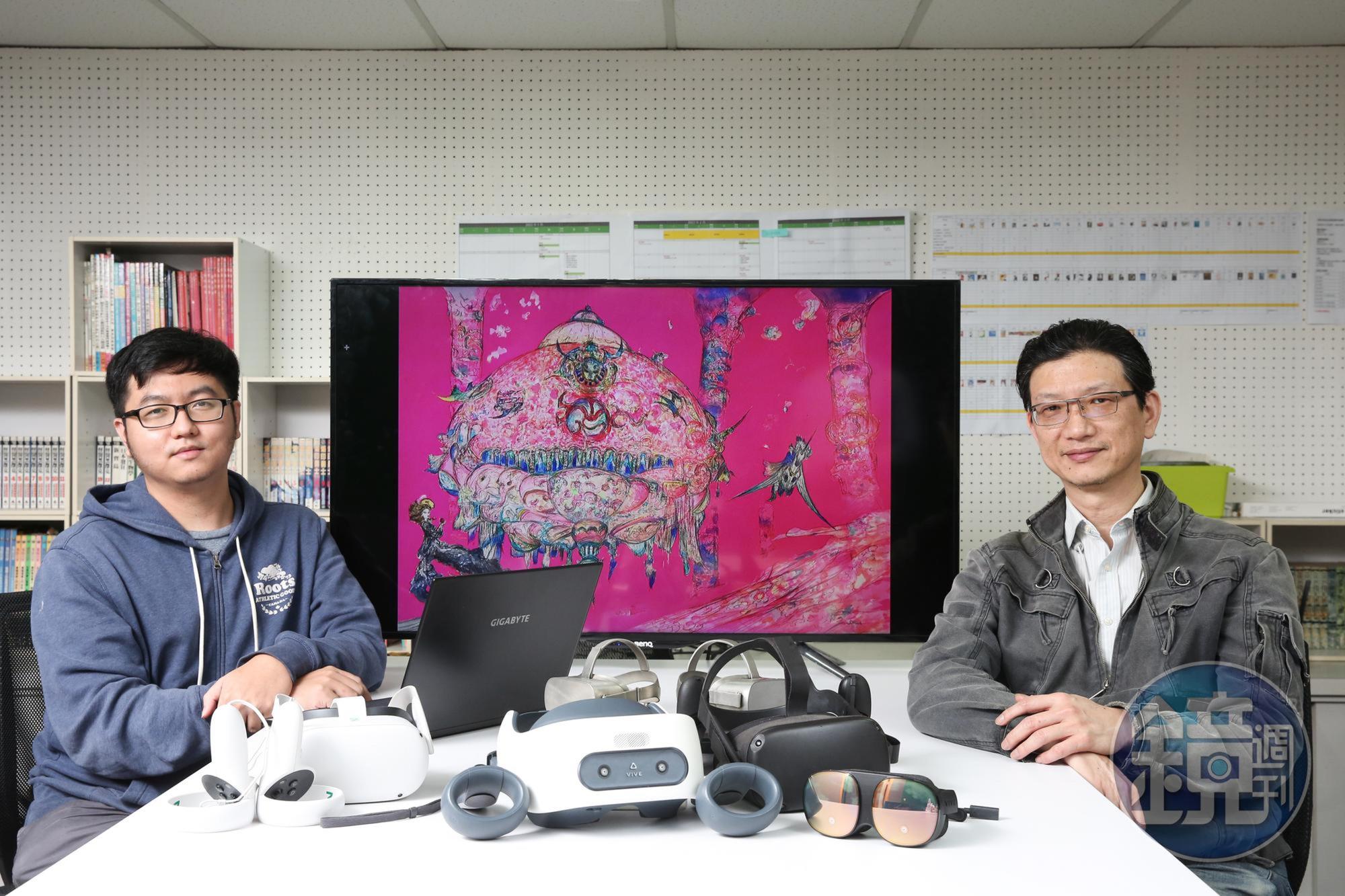 日本傳奇藝術家天野喜孝，攜手台灣VR團隊邦鼎科技打造線上虛擬「天野喜孝VR美術館」，圖為邦鼎科技總經理吳雲中（右）、資深程式設計袁門雋（左）。