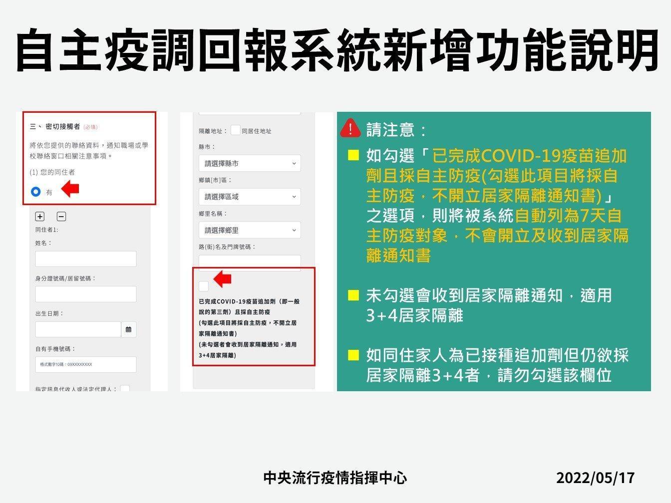 指揮中心說明自主疫調回報系統新增功能。（指揮中心提供）
