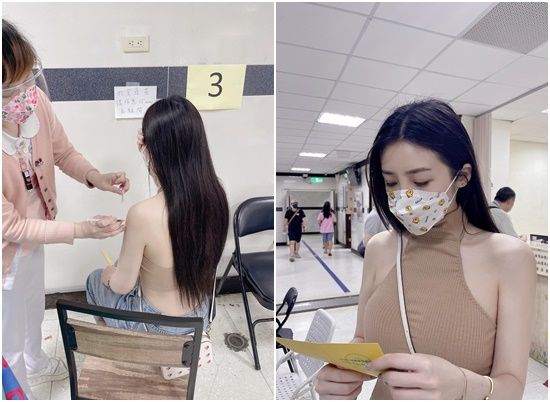 正妹許薇安打疫苗因膚色上衣被誤會沒穿衣服。（翻攝自許薇安臉書）