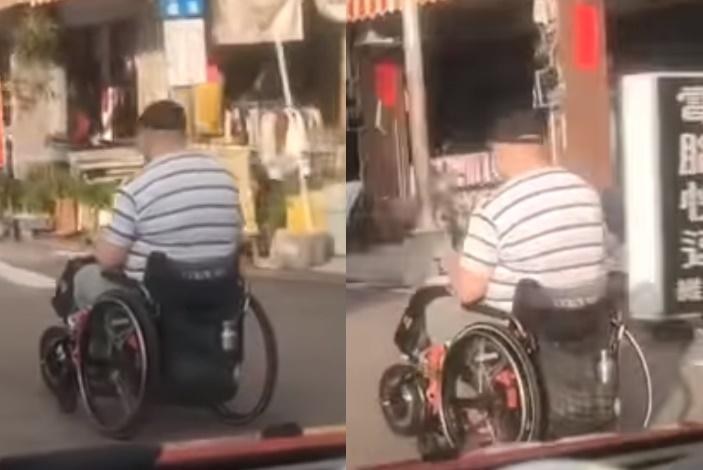 有網友表示他被一名坐著電動輪椅的阿北超車,並錄下影片為證。(翻攝自爆廢公社二館)