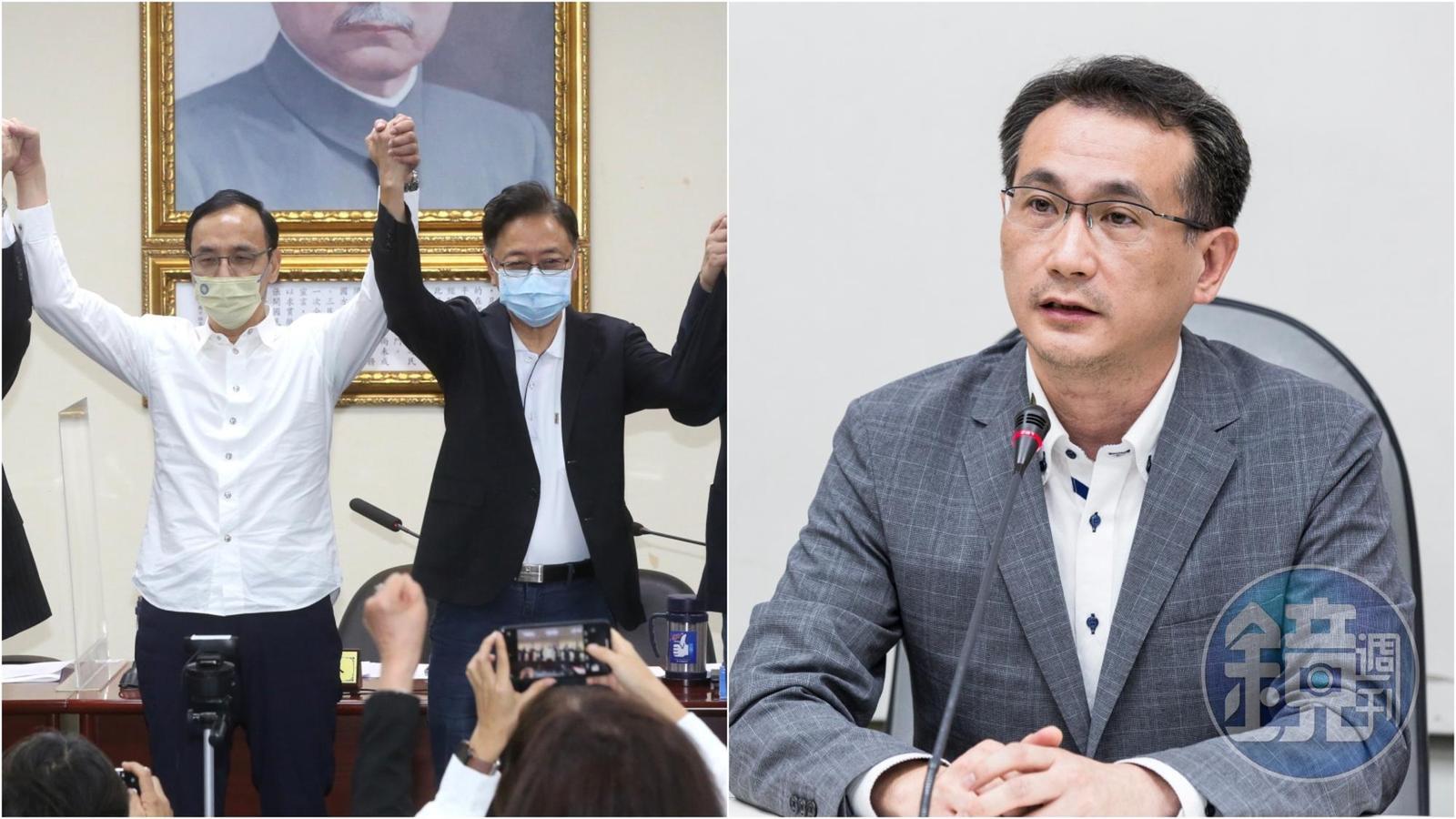 國民黨主席朱立倫(左圖左)今閃電宣布提名張善政(左圖右)參選桃園市長,有意爭取民進黨提名的立委鄭運鵬(右圖)也做出回應。