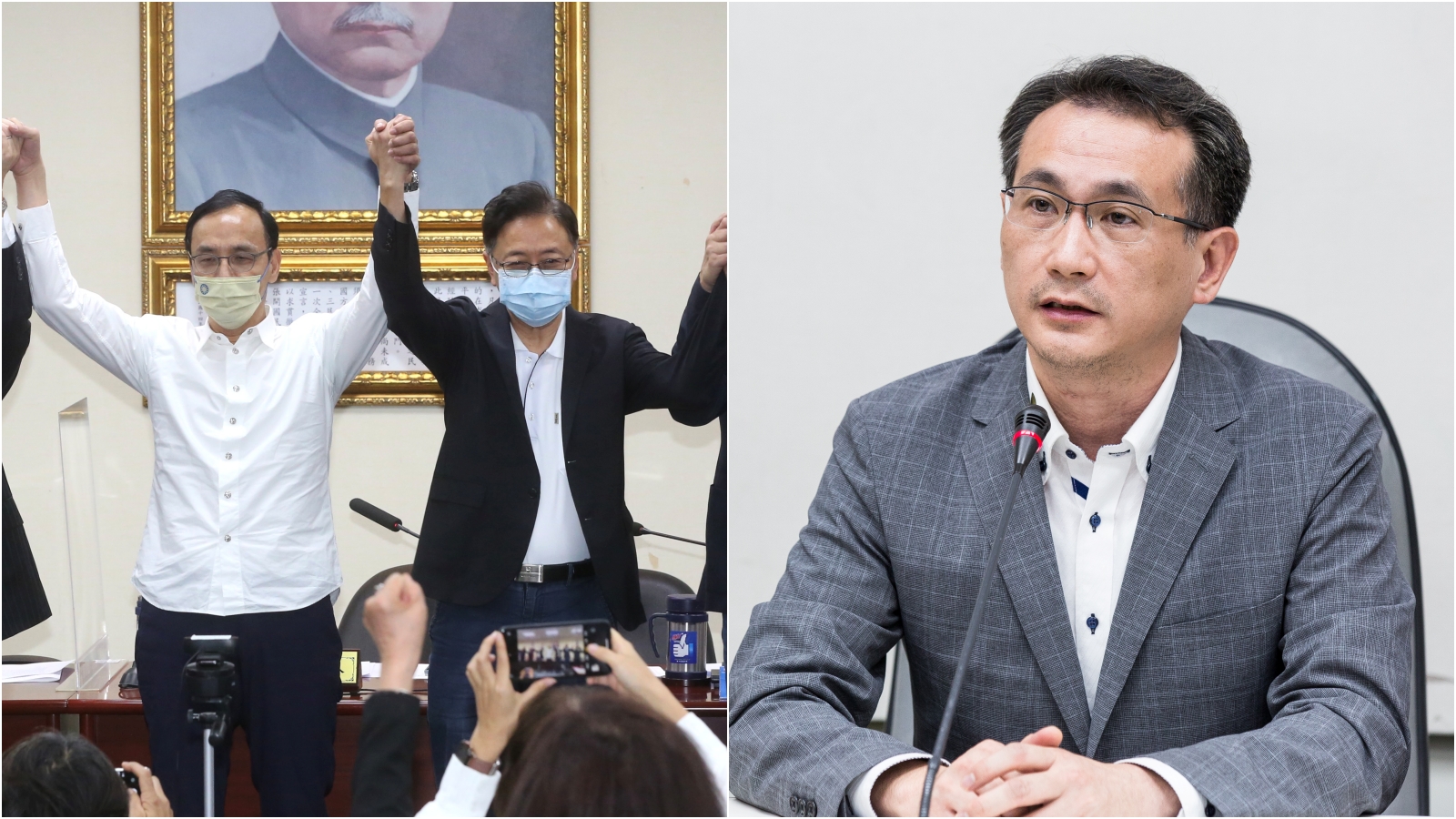 國民黨主席朱立倫（左圖左）今閃電宣布提名張善政（左圖右）參選桃園市長，有意爭取民進黨提名的立委鄭運鵬（右圖）也做出回應。